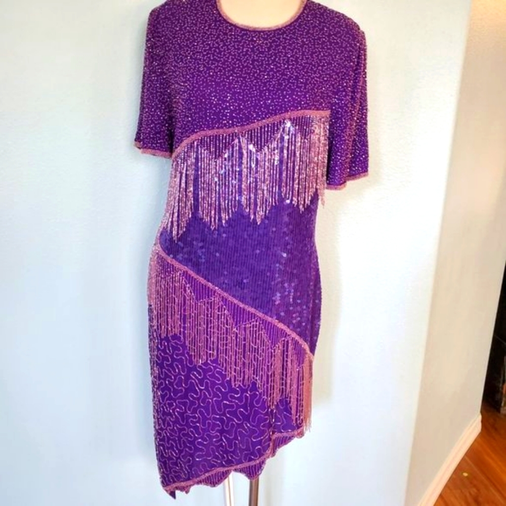 SCALIA asymmetrical beaded fringe dance party dress
